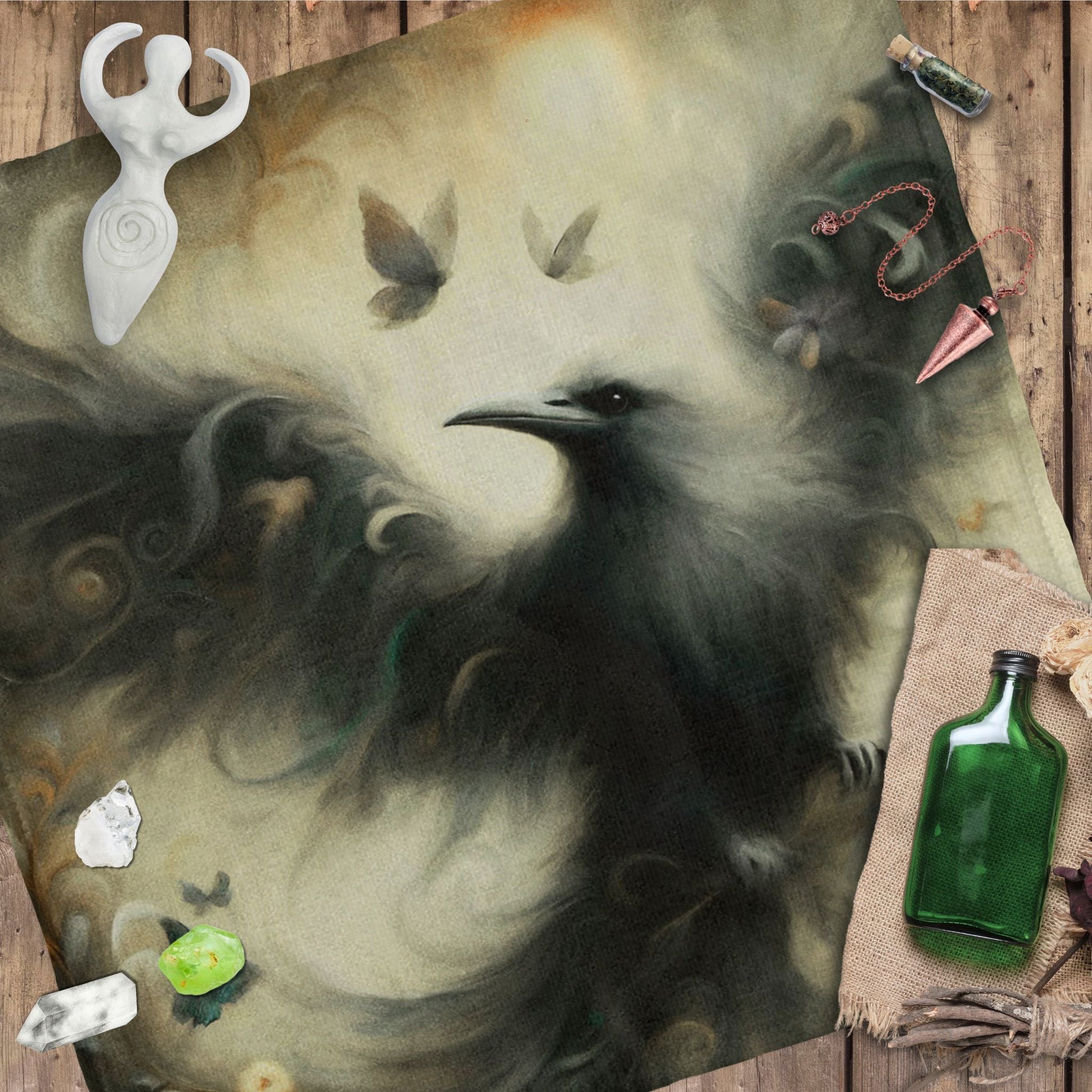a painting of a black bird on a piece of wood