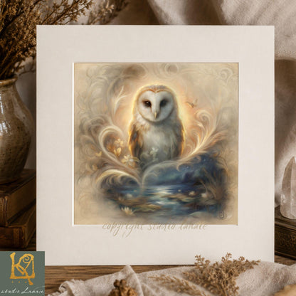 The image is a framed artwork depicting a white owl with a golden head and beak, surrounded by a swirling pattern of flowers and water.
