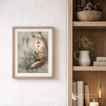 a framed painting of a fox sitting in a garden, surrounded by flowers and a lantern, hanging on a wall next to a bookshelf.