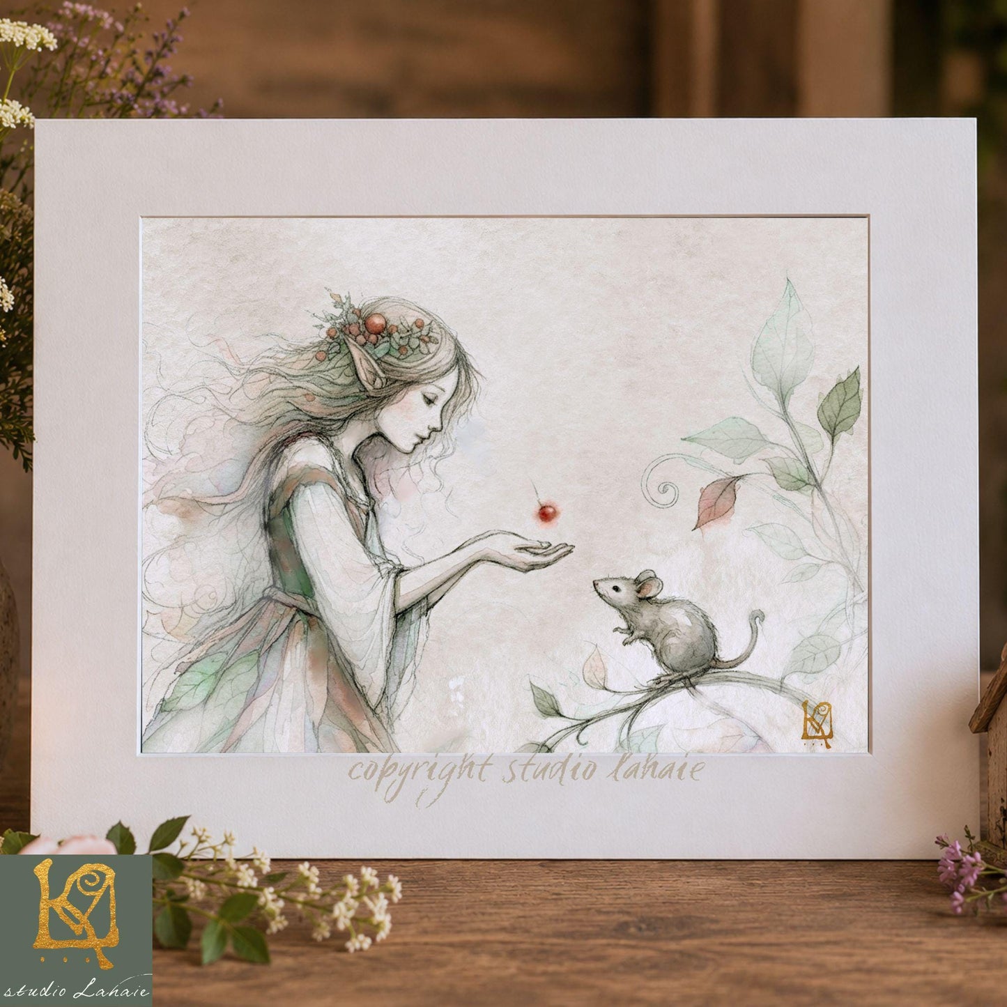 A framed illustration depicting a fairy-like figure with a mouse on a branch, surrounded by flowers and leaves.