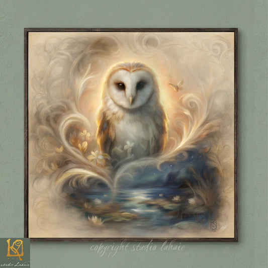 A digital illustration of a white owl with a golden head and beak, surrounded by a swirling, ethereal background with flowers and a lake.