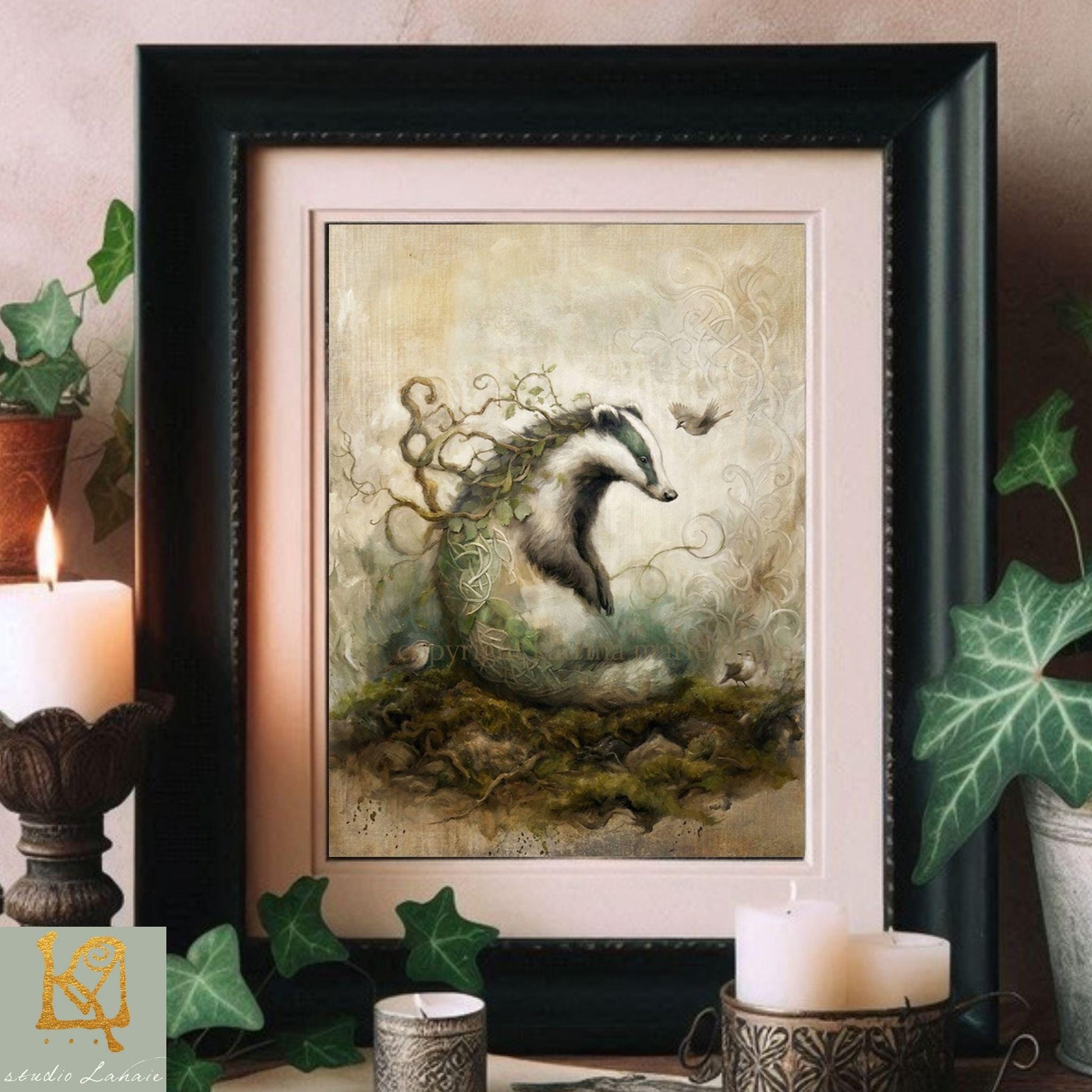 a framed painting of a badger surrounded by a lush, natural environment, including plants and a bird.