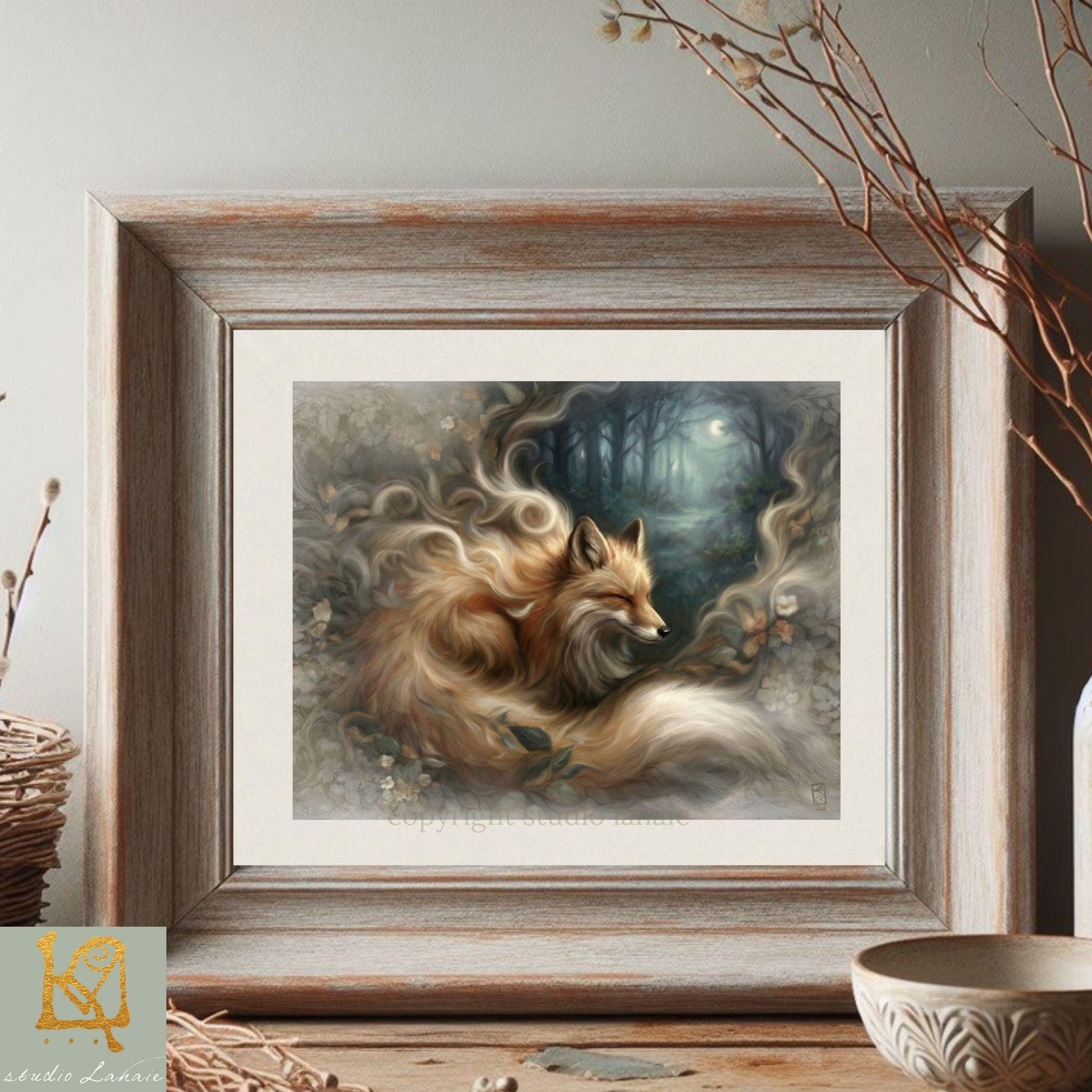 a framed painting of a fox in a forest setting, with a serene and ethereal atmosphere.