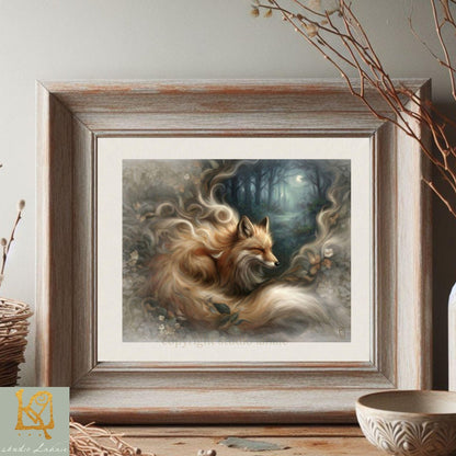 a framed painting of a fox in a forest setting, with a serene and ethereal atmosphere.