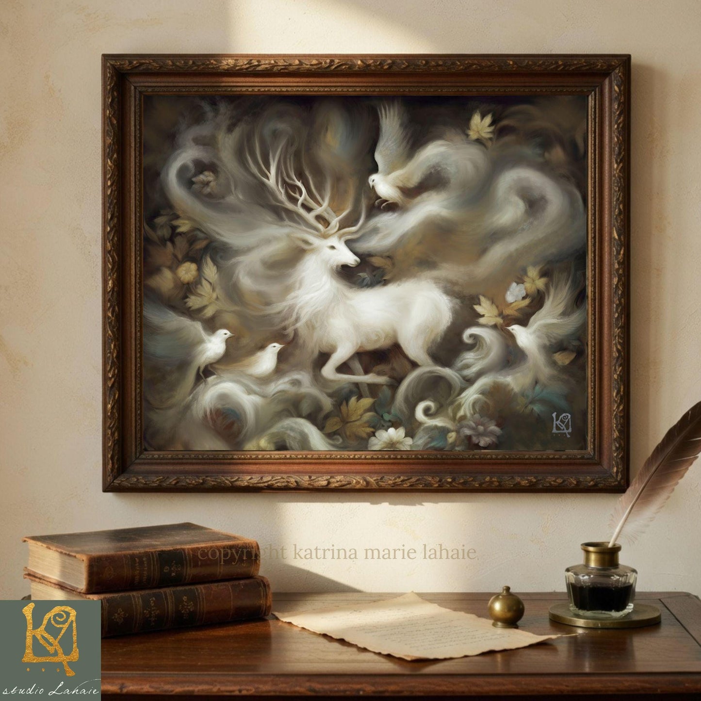 Mythic White Stag Painting Art Print - Ethereal Sanctuary Animal Spirit Wall Art