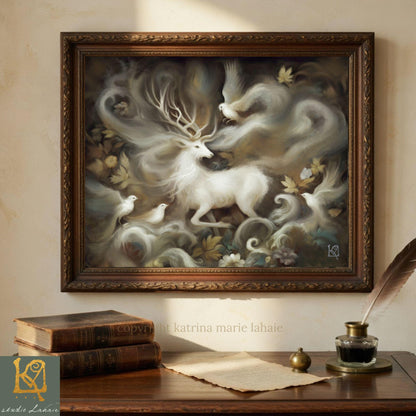 Mythic White Stag Painting Art Print - Ethereal Sanctuary Animal Spirit Wall Art