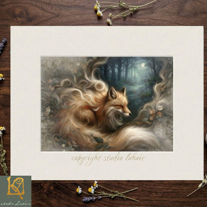 The image is a painting of a fox in a forest setting, with its eyes closed and its head resting on its paws.