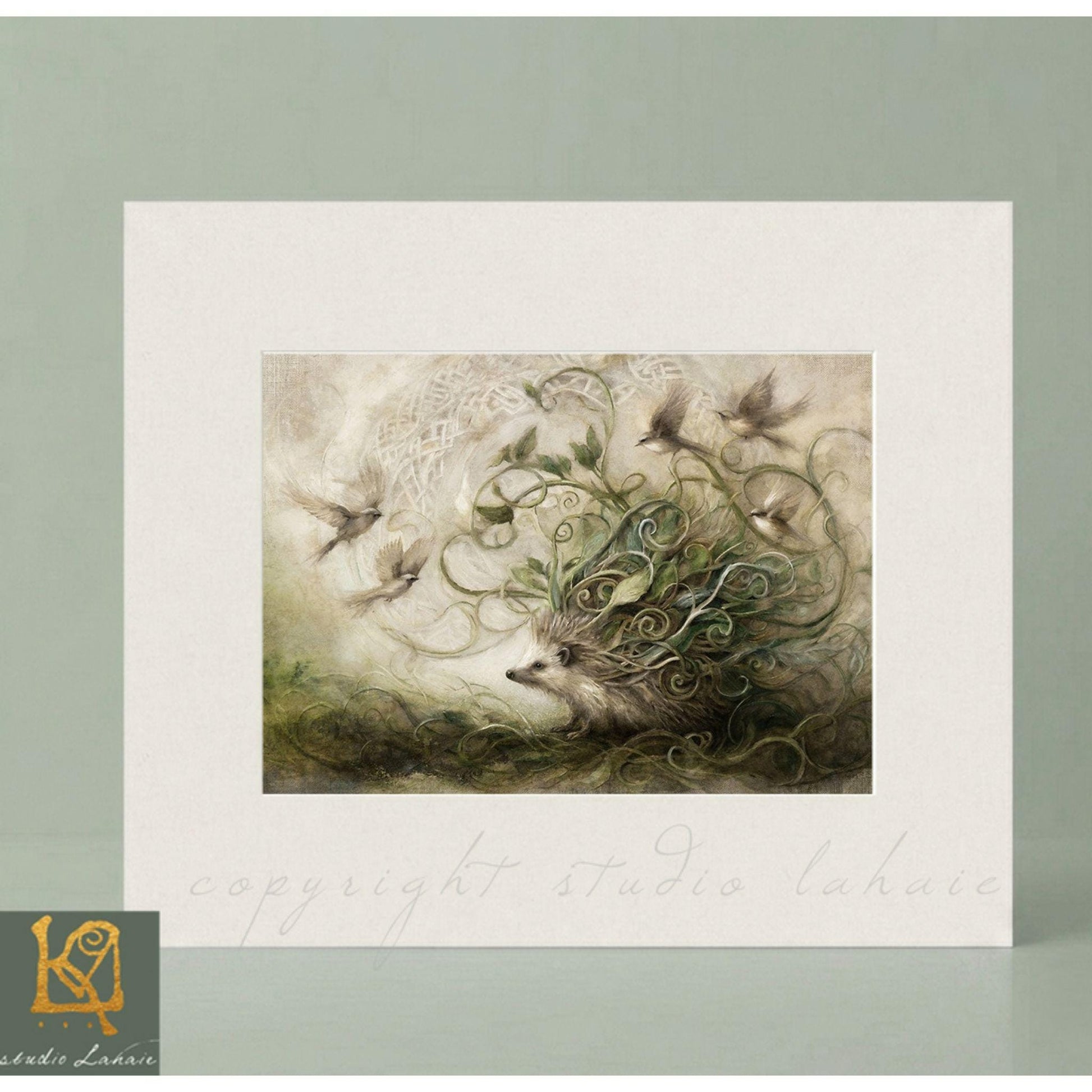 The image is a painting depicting a hedgehog surrounded by a lush, verdant landscape with birds flying around it.
