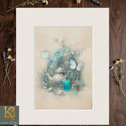 The image is a framed artwork depicting a tea set with a teapot, cups, and a butterfly, surrounded by flowers and other decorative elements.