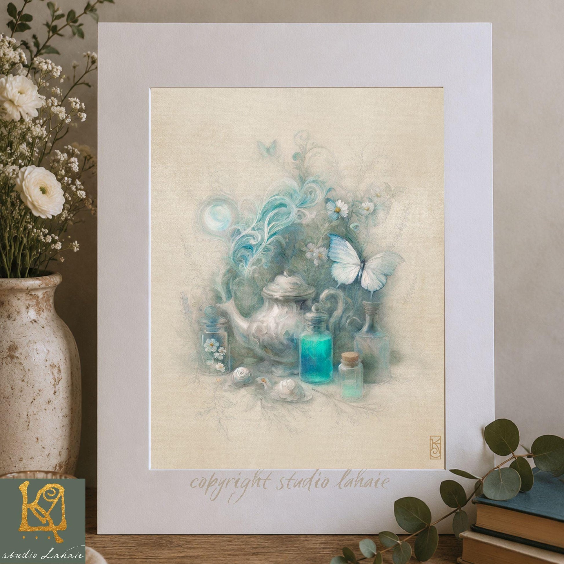 a framed artwork depicting a tea set with a teapot, teacups, and a vase of flowers, along with a blue butterfly and a teapot with a blue lid.