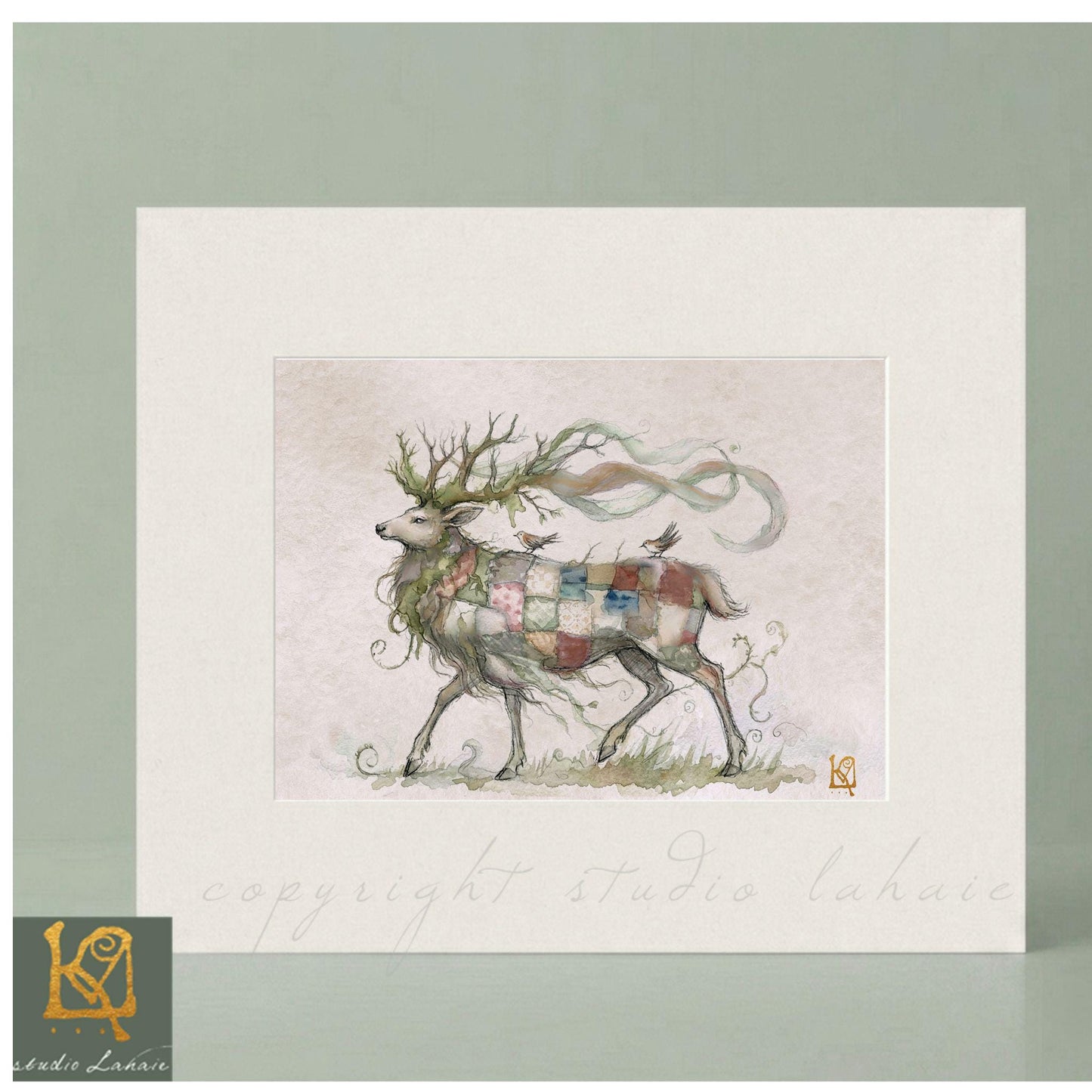 A watercolor painting of a deer with a colorful, patterned coat, standing in a grassy field.