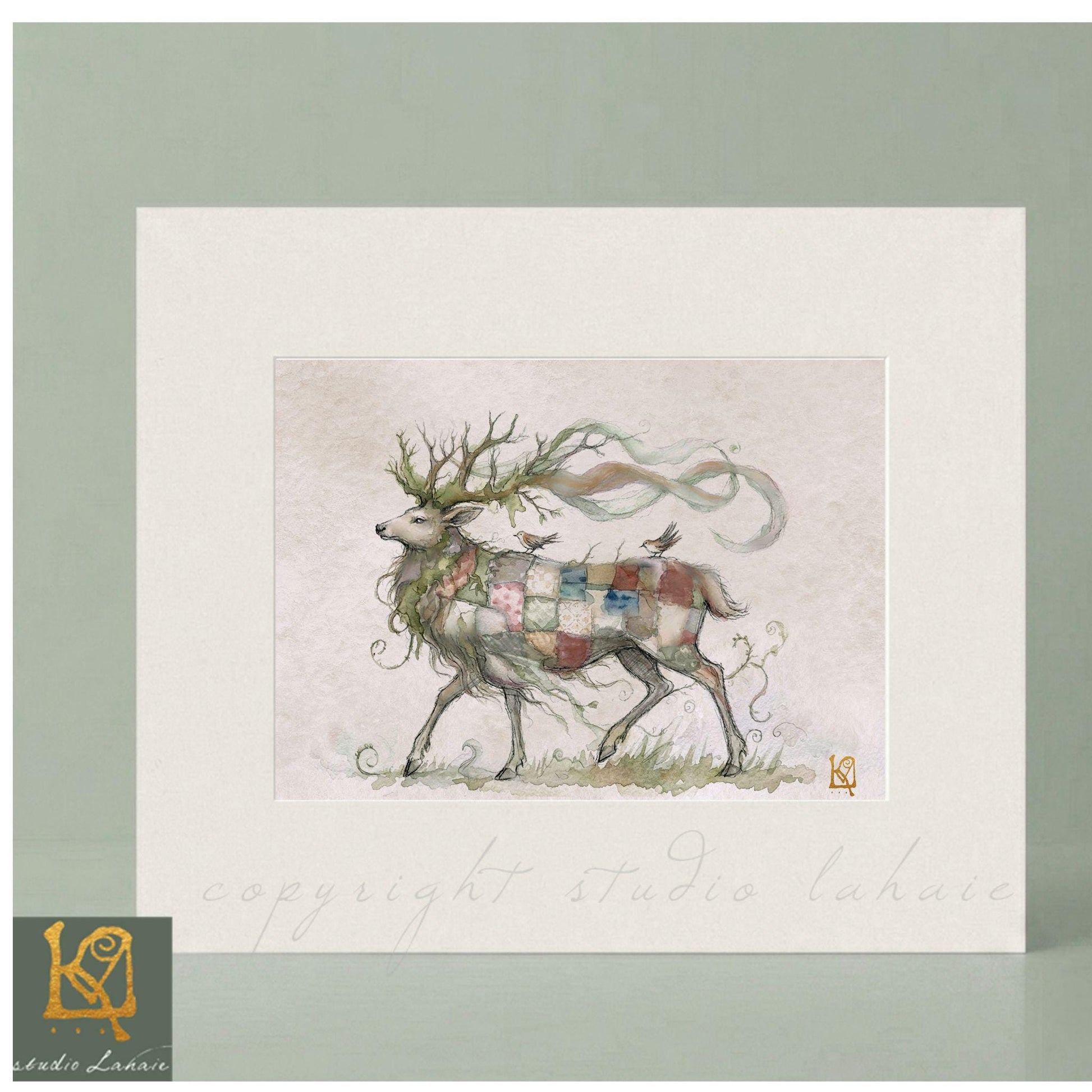 A watercolor painting of a deer with a colorful, patterned coat, standing in a grassy field.