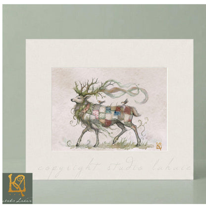 A watercolor painting of a deer with a colorful, patterned coat, standing in a grassy field.