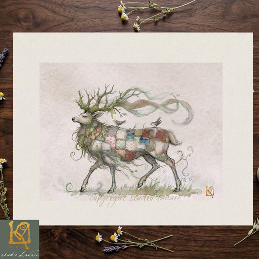 The image is a painting of a deer with a patchwork pattern on its body, surrounded by flowers and foliage.
