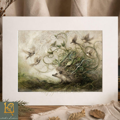 The image is a painting depicting a hedgehog surrounded by birds in a lush, natural setting.