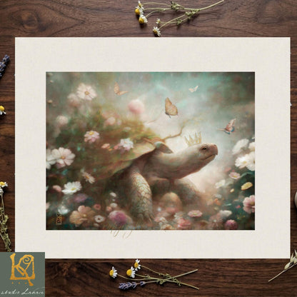 The image is a painting depicting a large turtle with a crown, surrounded by a lush garden filled with flowers and butterflies.