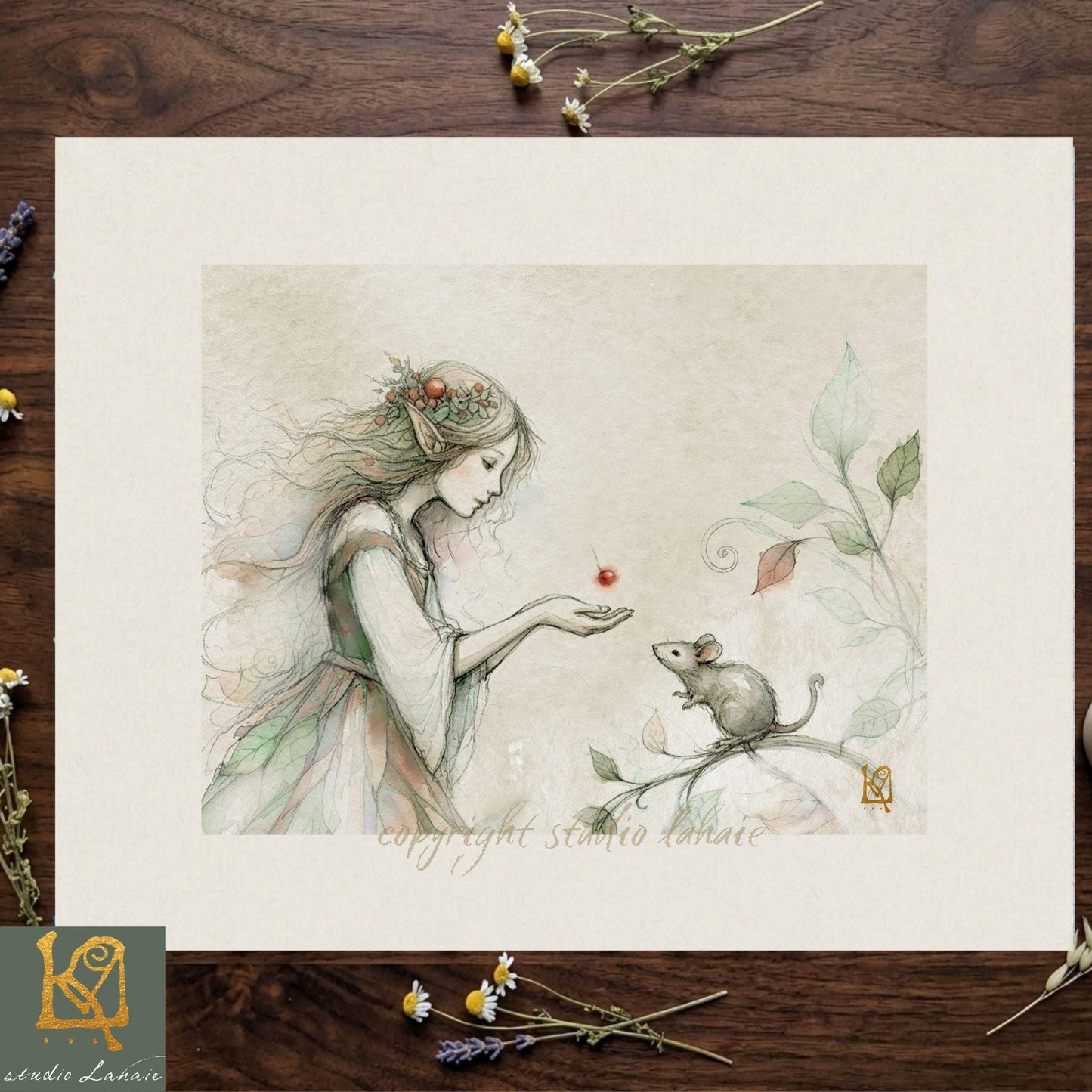 A fairy with a long, flowing dress and a headdress is shown feeding a mouse, which is perched on a branch. The fairy and mouse are surrounded by flowers and leaves, creating a whimsical and enchanting scene.