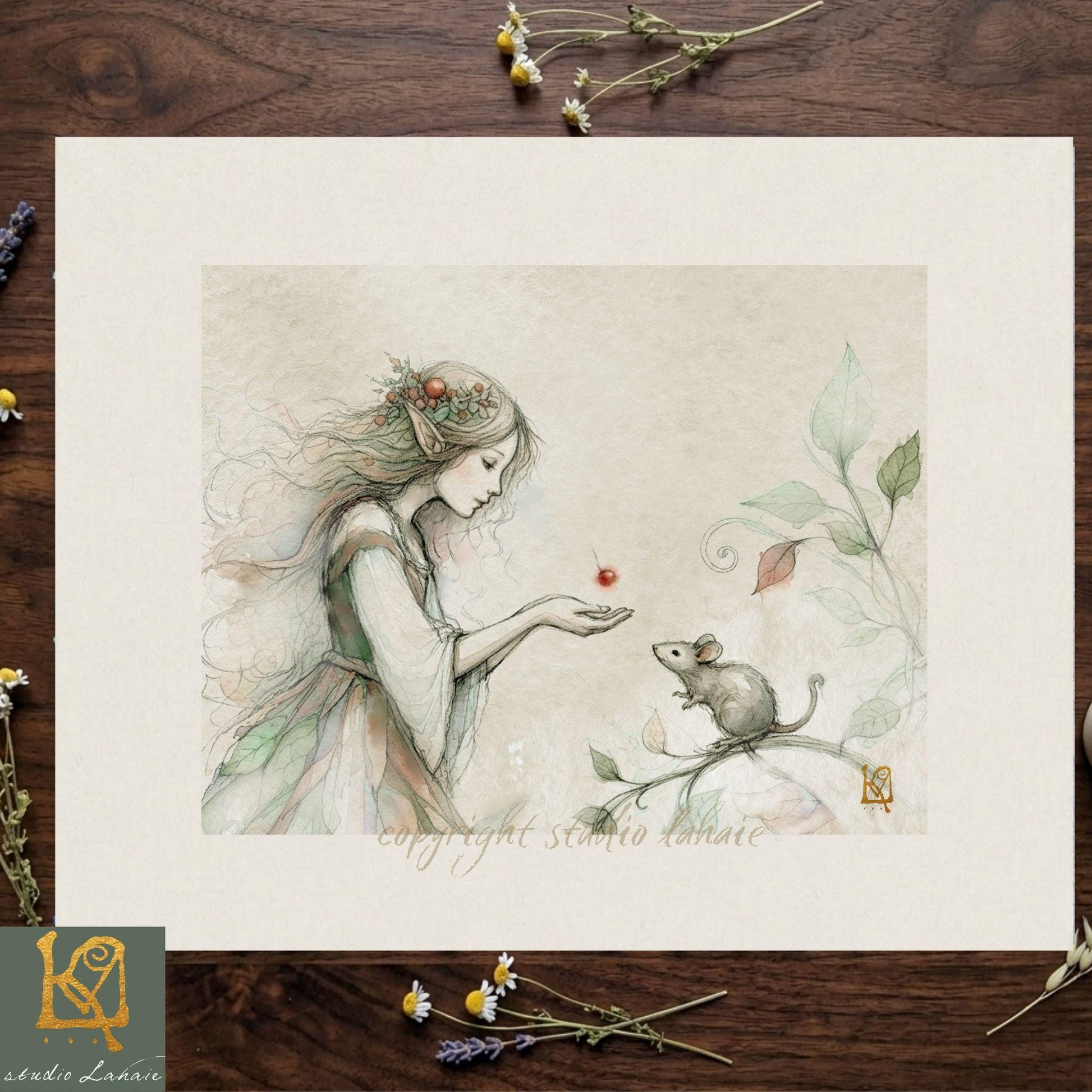 A fairy with a long, flowing dress and a headdress is shown feeding a mouse, which is perched on a branch. The fairy and mouse are surrounded by flowers and leaves, creating a whimsical and enchanting scene.