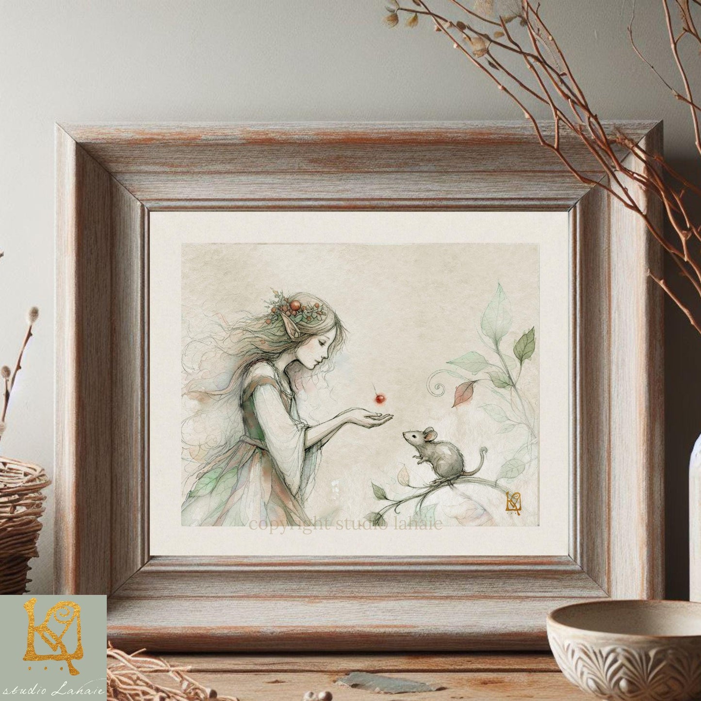 A framed illustration depicting a woman with a mouse on a branch, with a wreath and a small bowl on a table in the background.