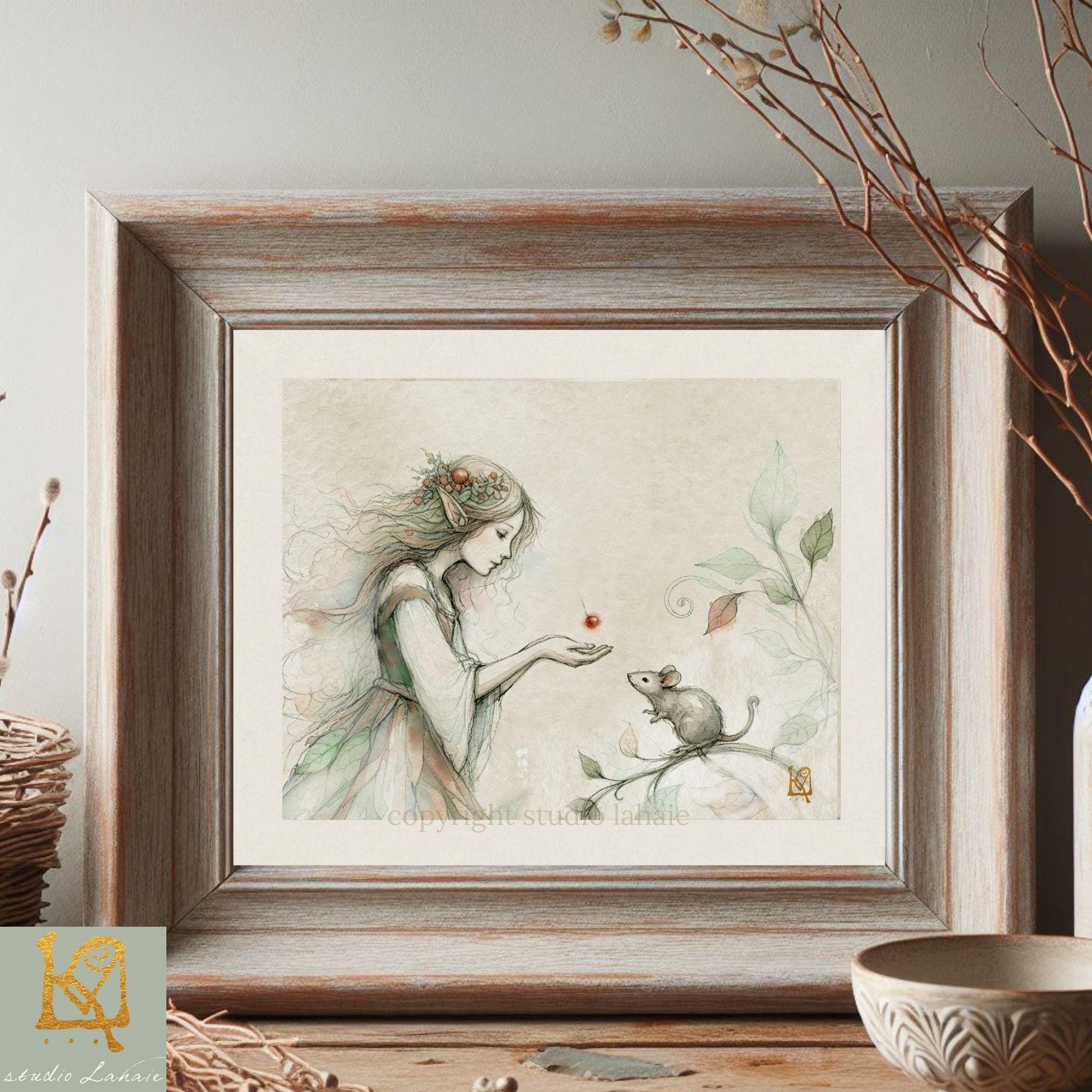 A framed illustration depicting a woman with a mouse on a branch, with a wreath and a small bowl on a table in the background.