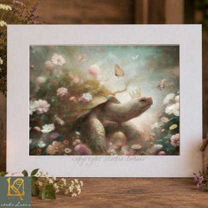 A framed painting depicting a large turtle surrounded by a lush, colorful garden filled with flowers and butterflies.