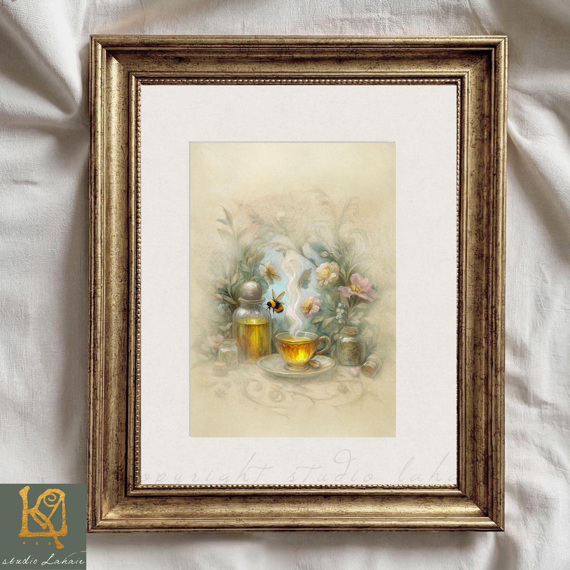 The image is a framed painting depicting a tea set with a cup, saucer, and various decorative elements such as flowers and leaves.