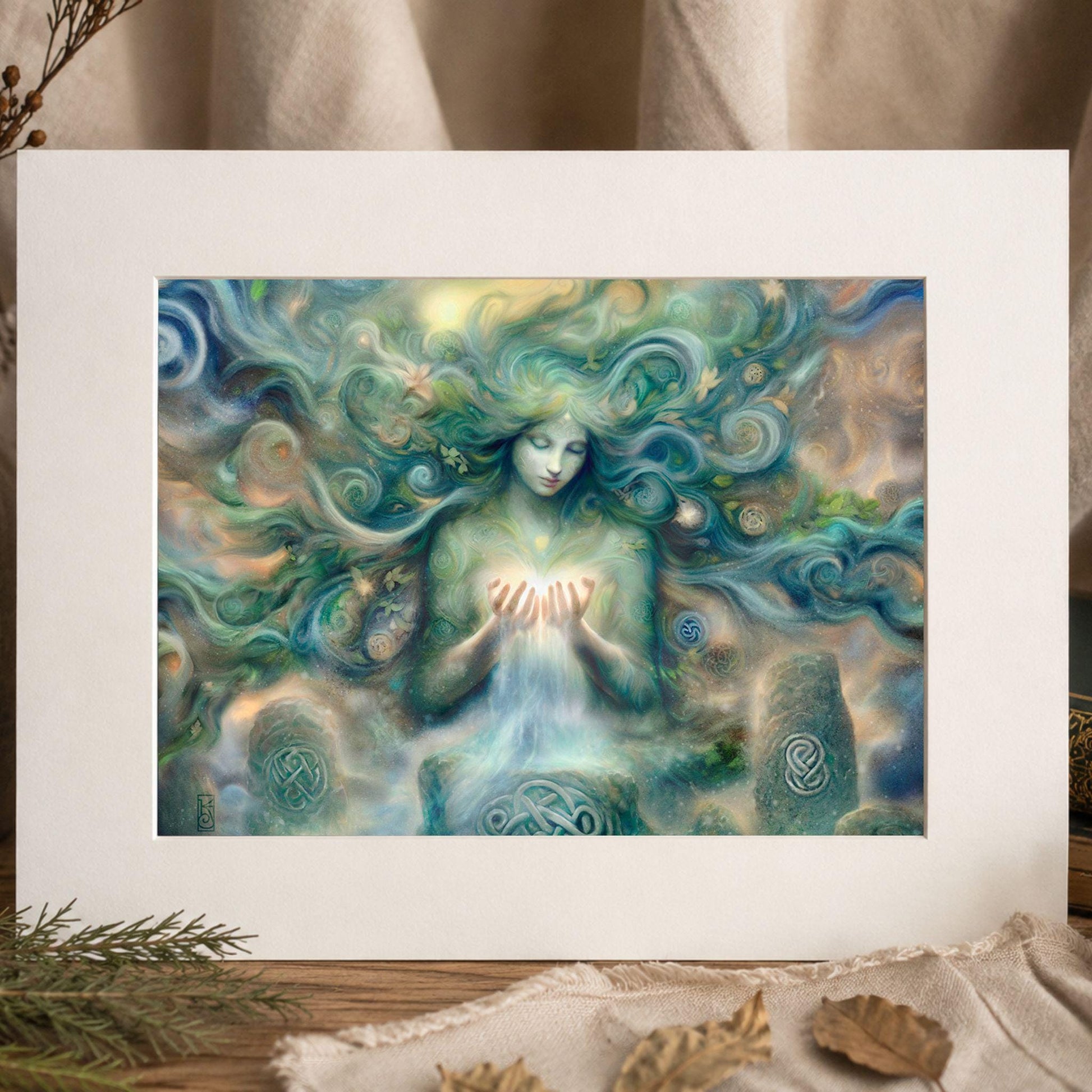 The image is a painting of a woman with flowing, ethereal hair surrounded by swirling, fantastical elements.