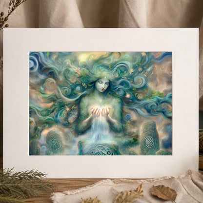 The image is a painting of a woman with flowing, ethereal hair surrounded by swirling, fantastical elements.