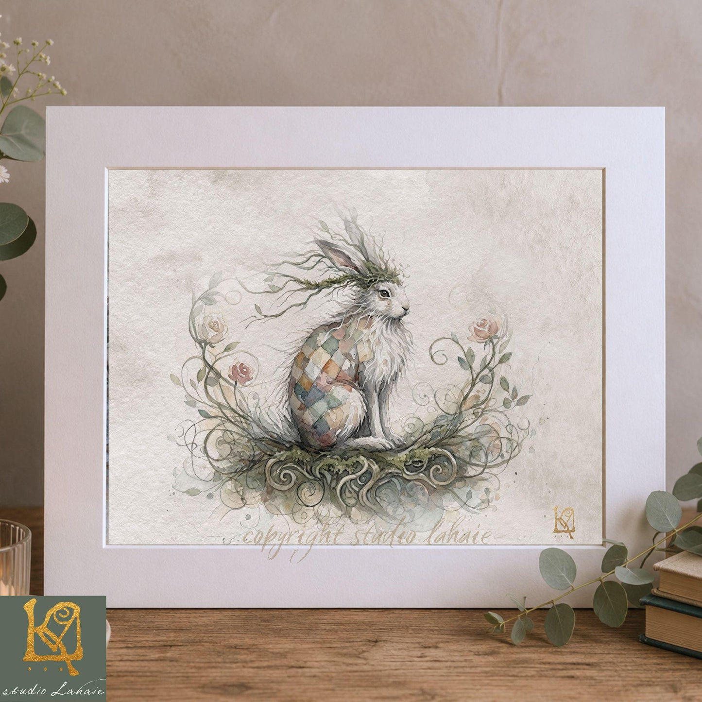 A framed illustration of a rabbit with a crown of flowers, surrounded by a lush, natural environment.