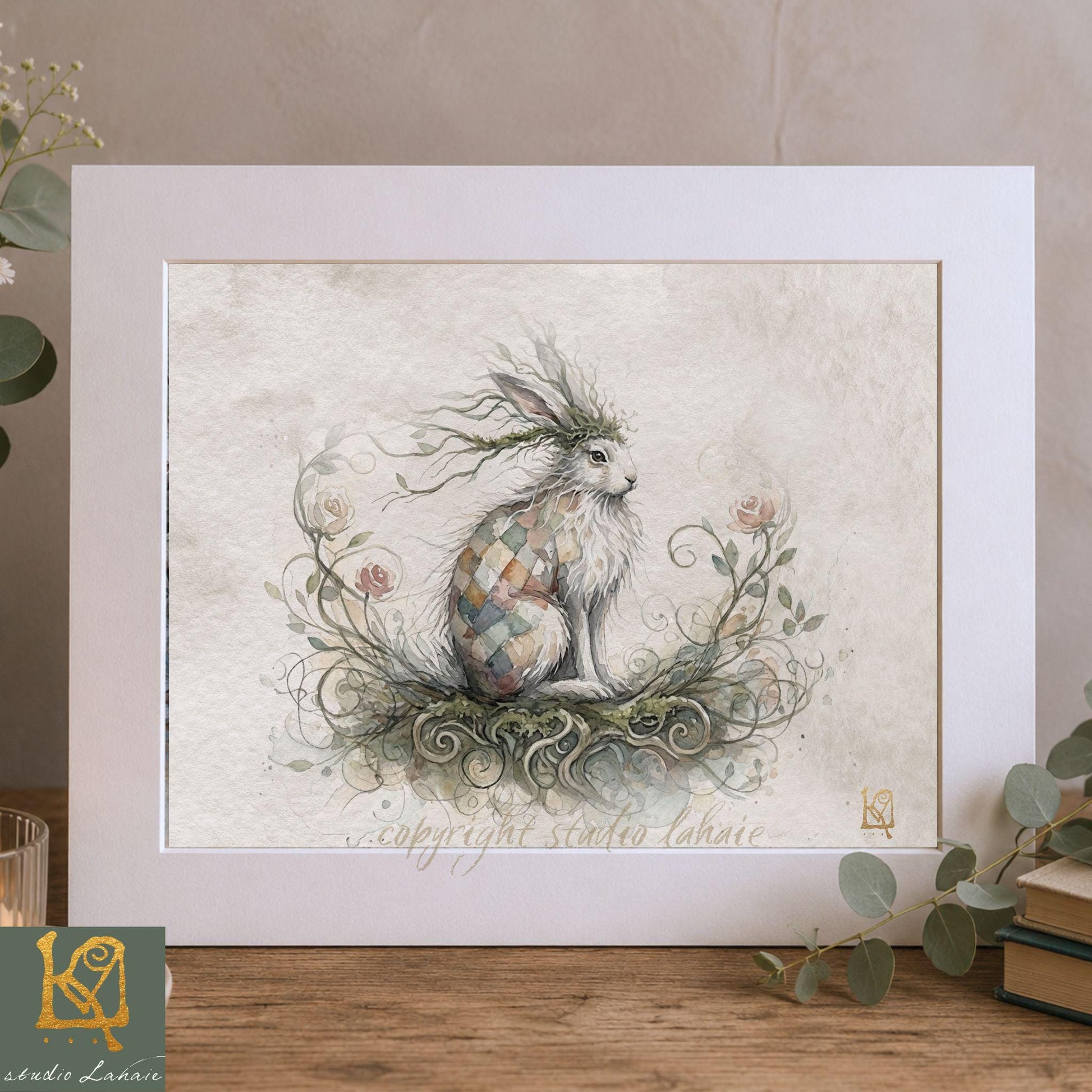 A framed illustration of a rabbit with a crown of flowers, surrounded by a lush, natural environment.