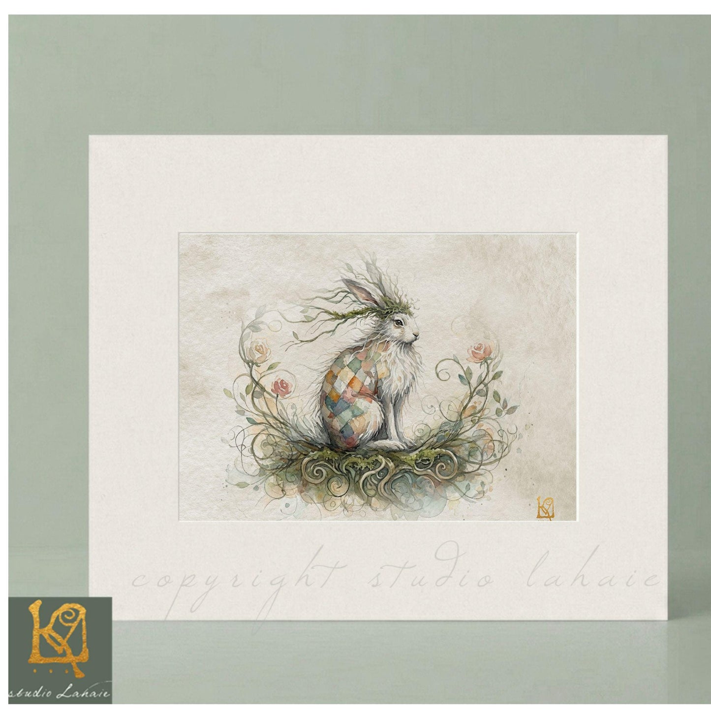 A painting of a rabbit sitting on a bed of flowers and plants, surrounded by a lush, natural environment.