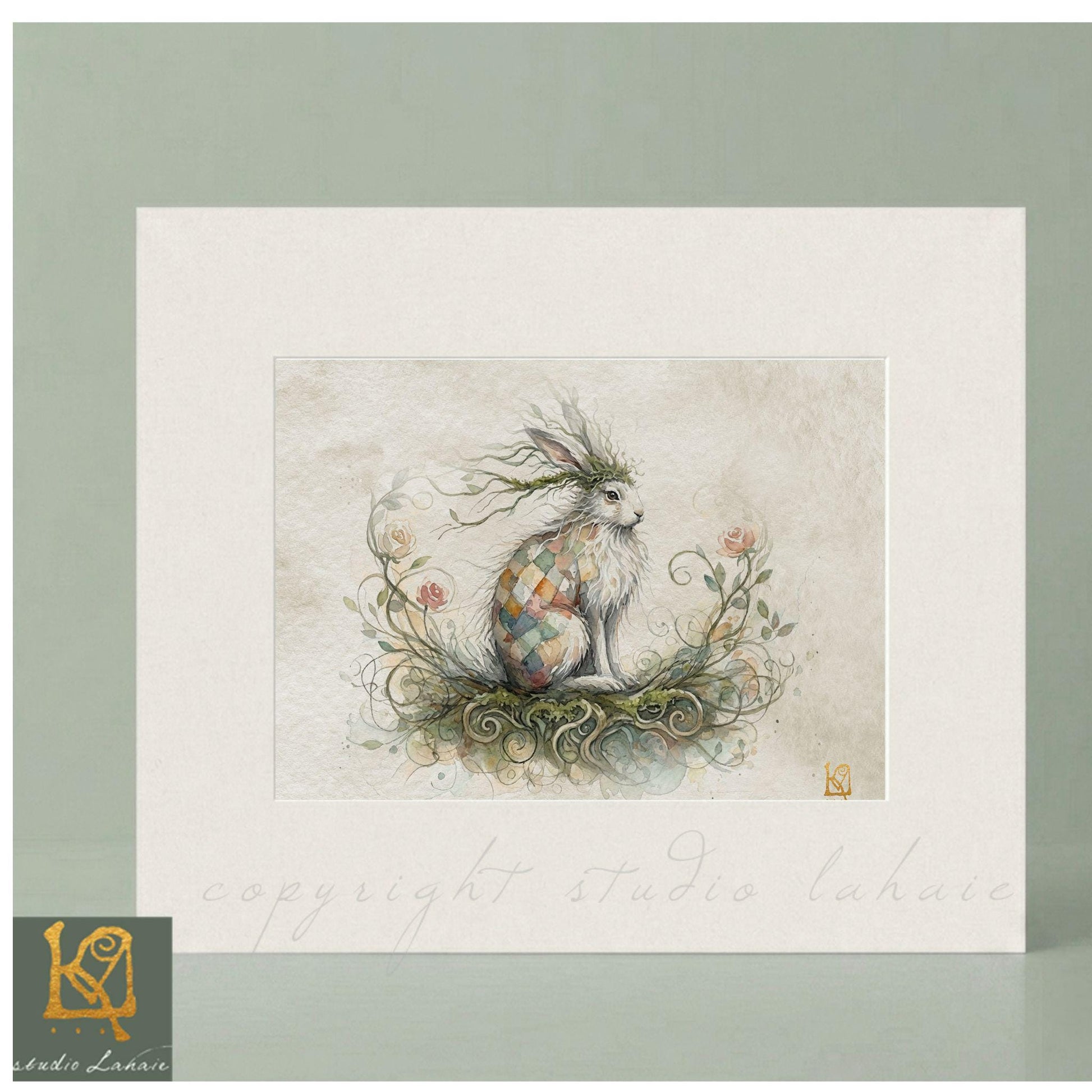 A painting of a rabbit sitting on a bed of flowers and plants, surrounded by a lush, natural environment.