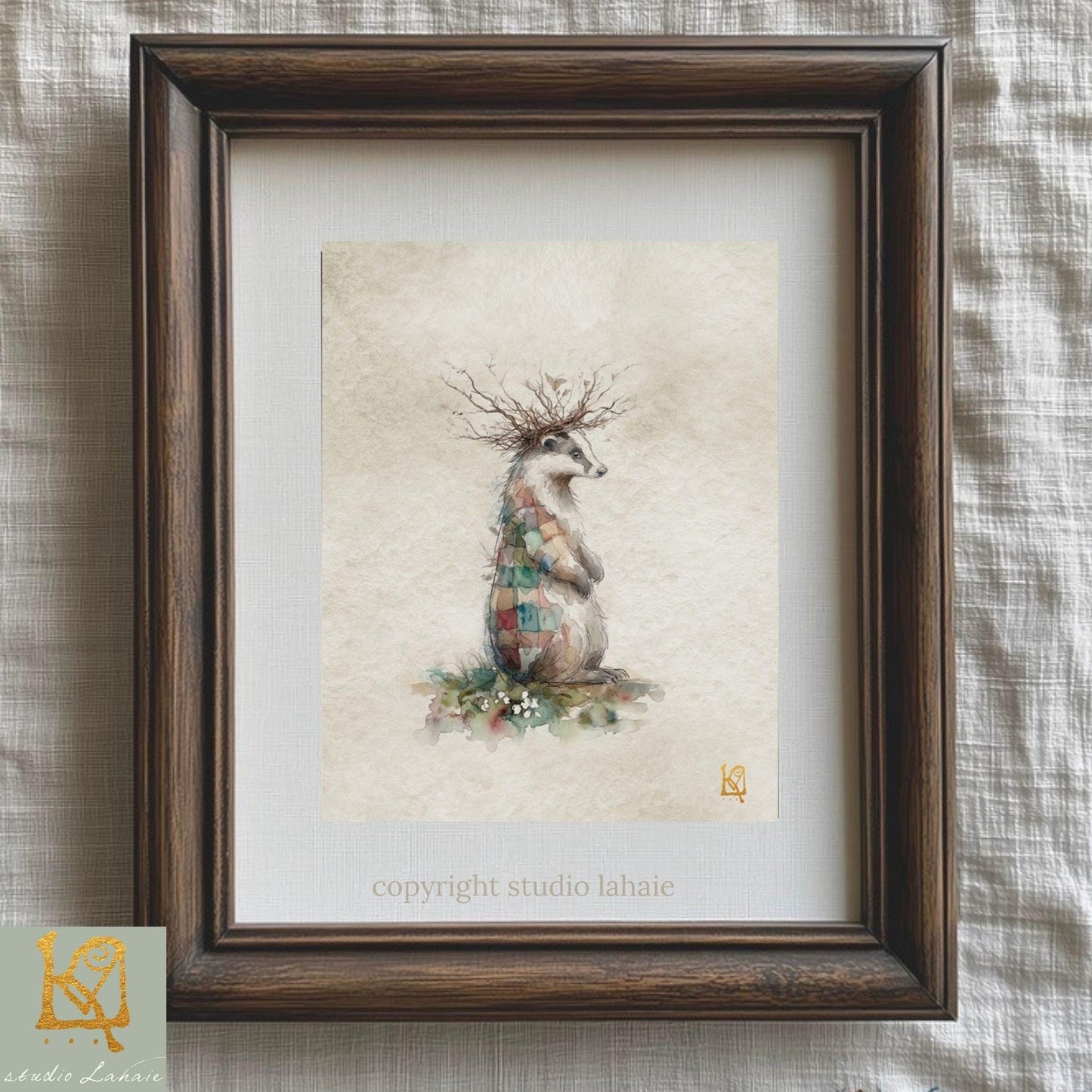 The image is a framed print depicting a raccoon with a crown of branches on its head, sitting on a bed of flowers.