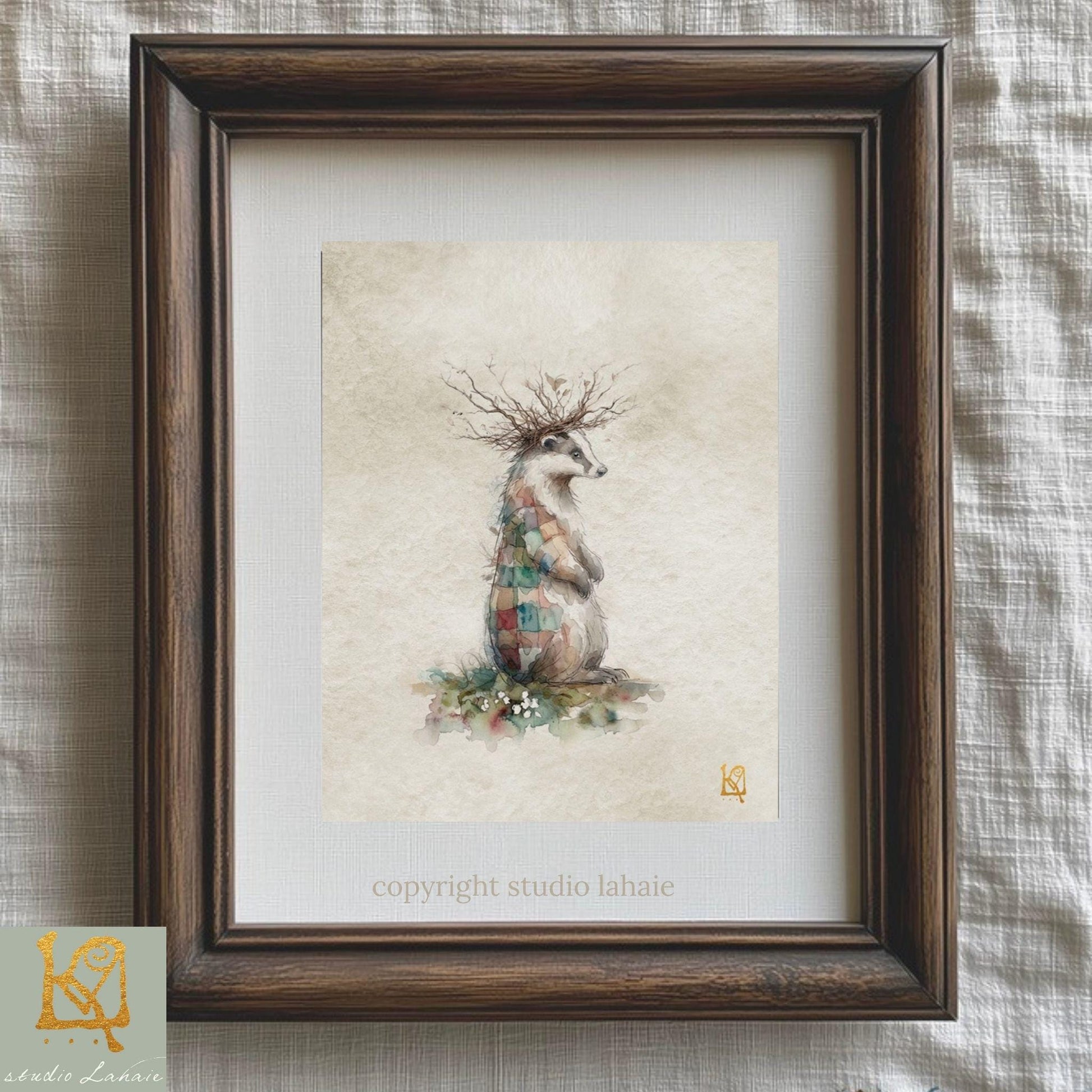 The image is a framed print depicting a raccoon with a crown of branches on its head, sitting on a bed of flowers.