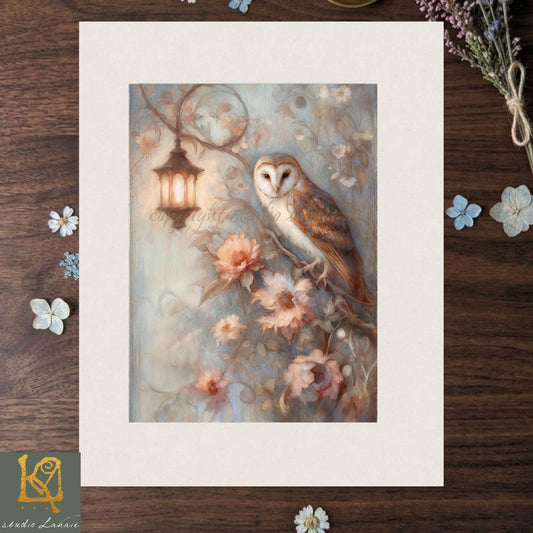 The image is a framed print depicting an owl perched on a branch with pink flowers, surrounded by a floral background.