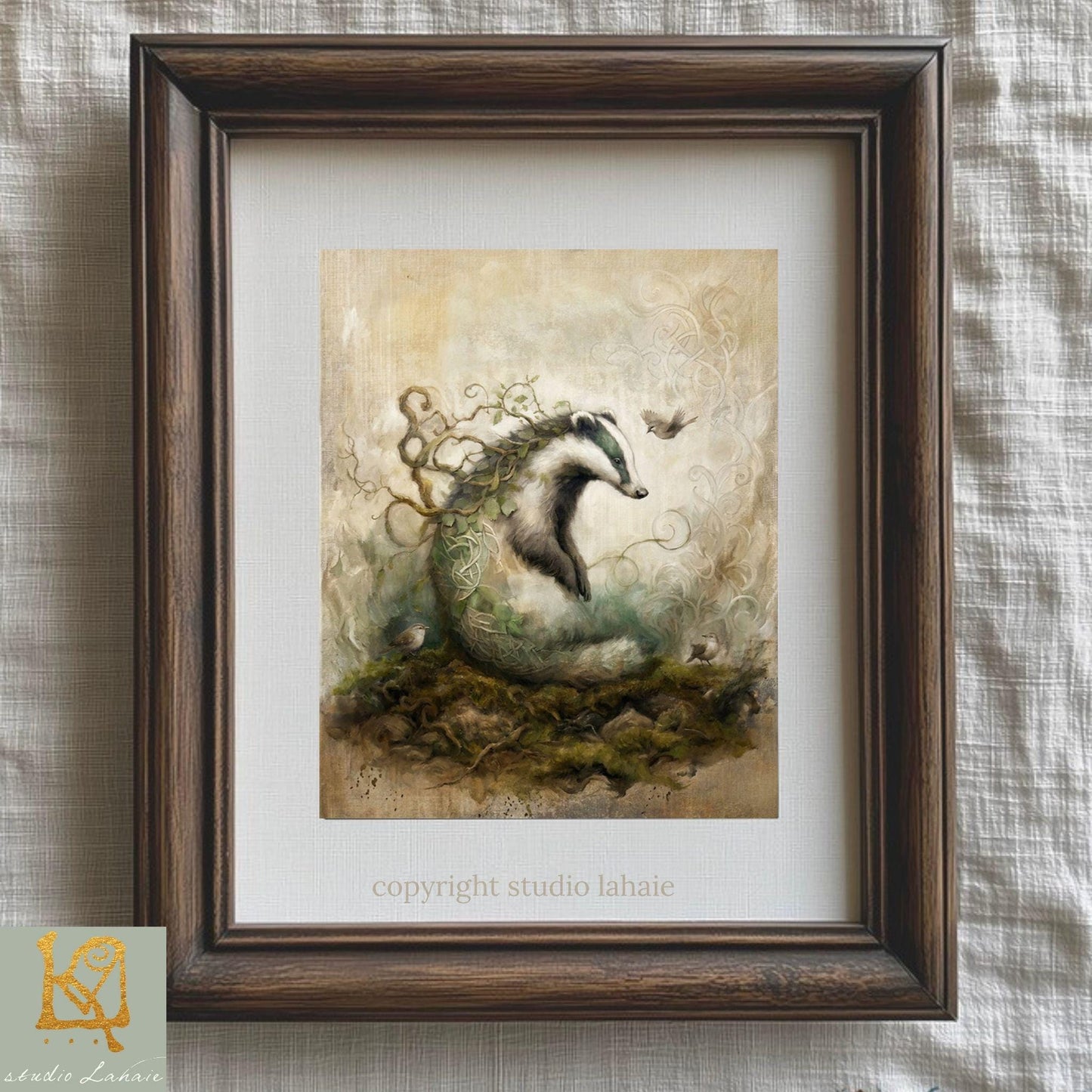 The image is a framed artwork depicting a badger surrounded by a lush, verdant landscape.