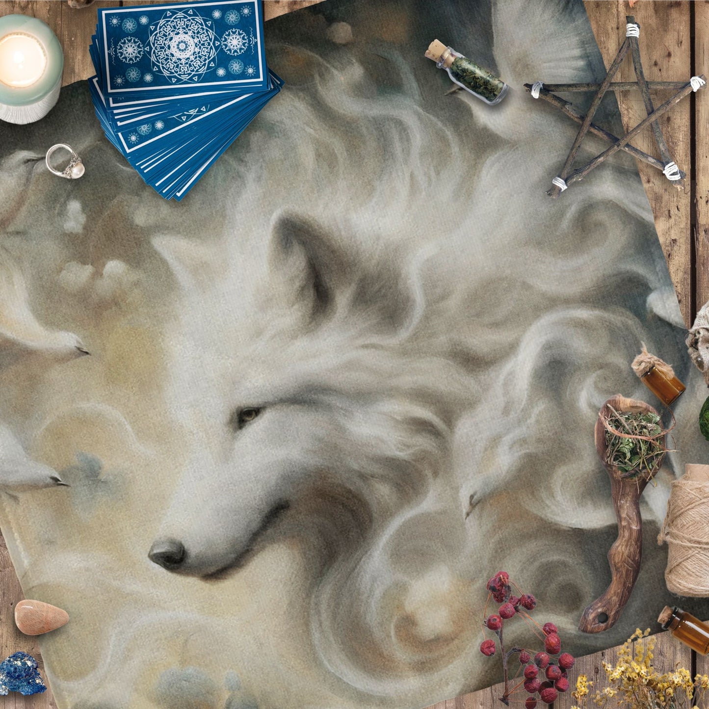 a painting of a wolf surrounded by other items