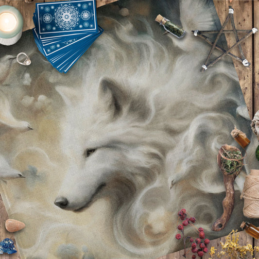 a painting of a wolf surrounded by other items