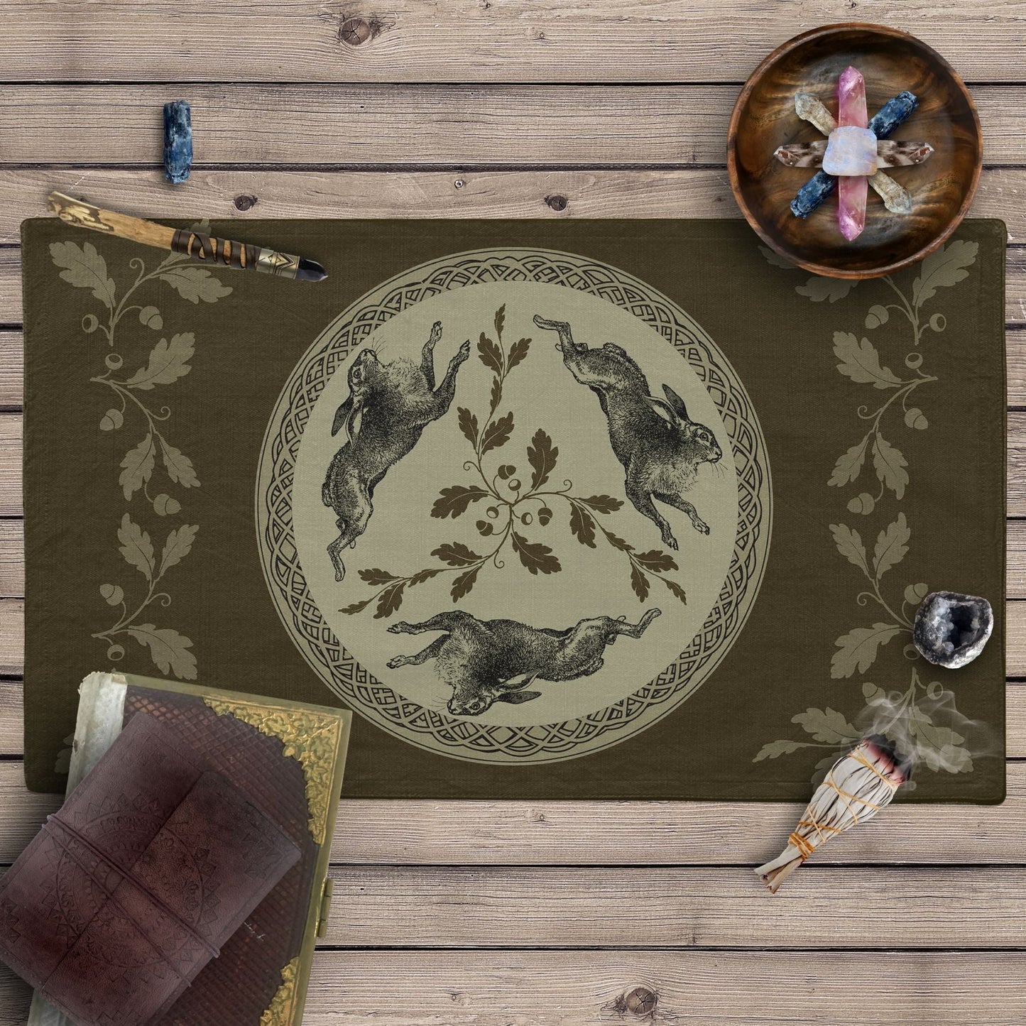 a placemat with a picture of two rabbits on it
