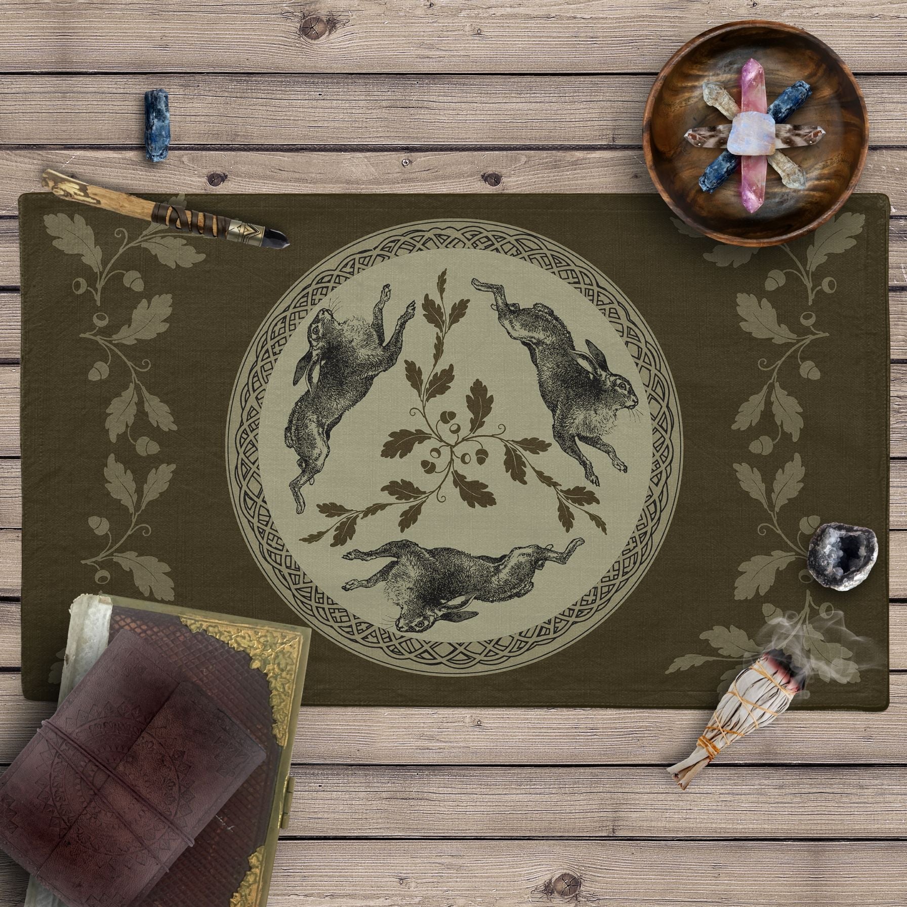 a placemat with a picture of two rabbits on it