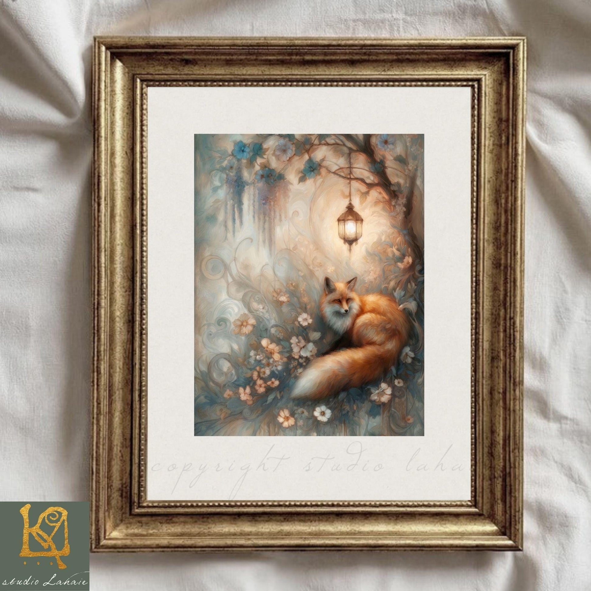 A framed painting depicting a fox sitting in a garden, surrounded by flowers and a lantern.