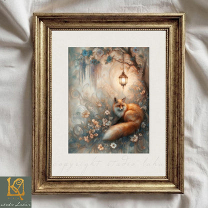 A framed painting depicting a fox sitting in a garden, surrounded by flowers and a lantern.