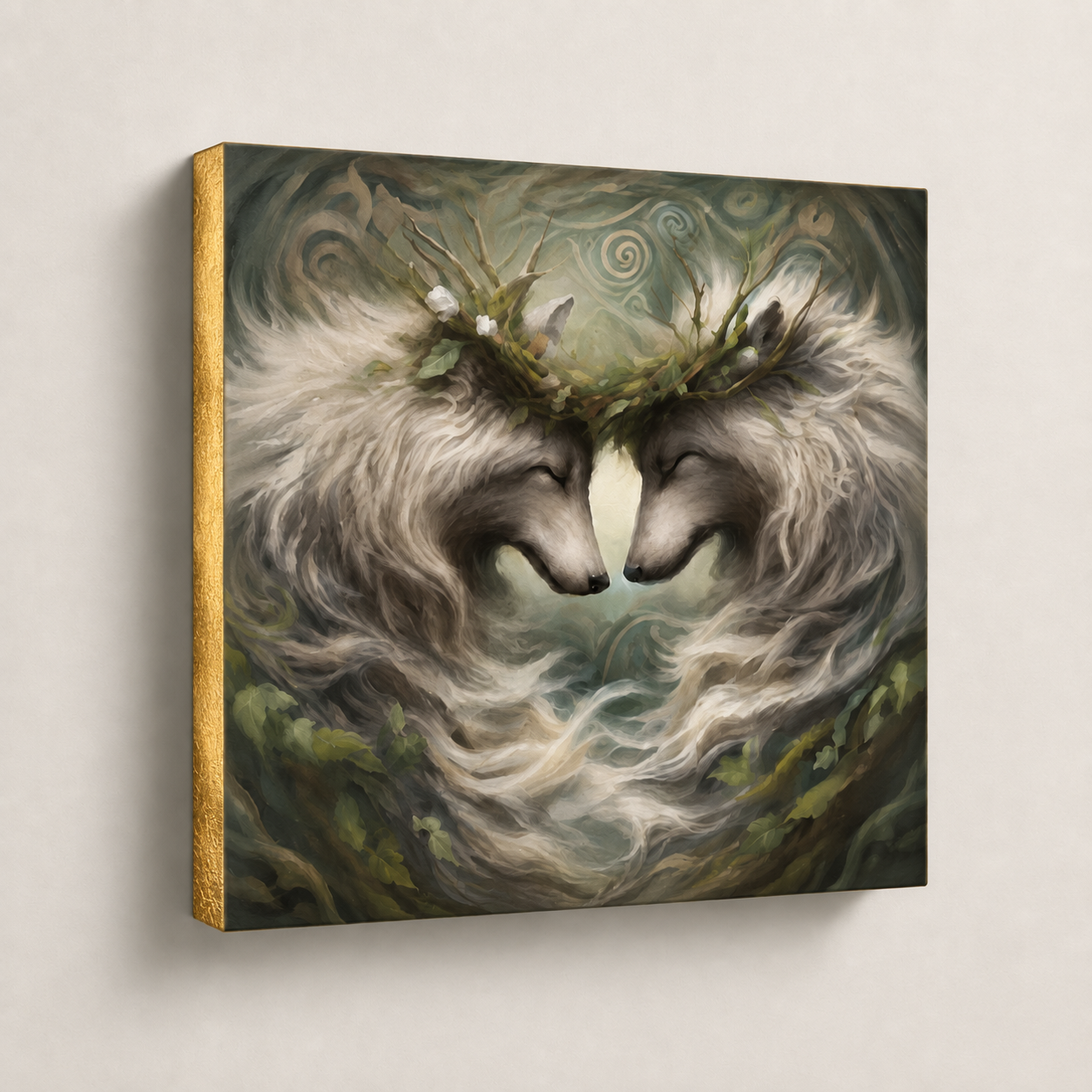 Canvas painting of two wolves intertwined with nature elements mounted to a wood panel. original art by studio Lahaie. copyright Katrina Marie Lahaie