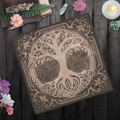 Tree Of Life Tarot Cloth - Celtic And Pagan Altar In Browntan Square