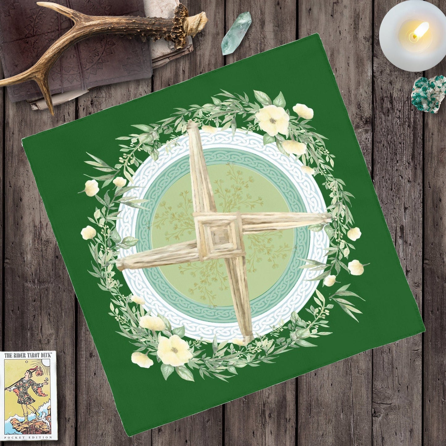 Altar Cloth - Imbolc Tarot Spring Green Brigid Cross Decor Square