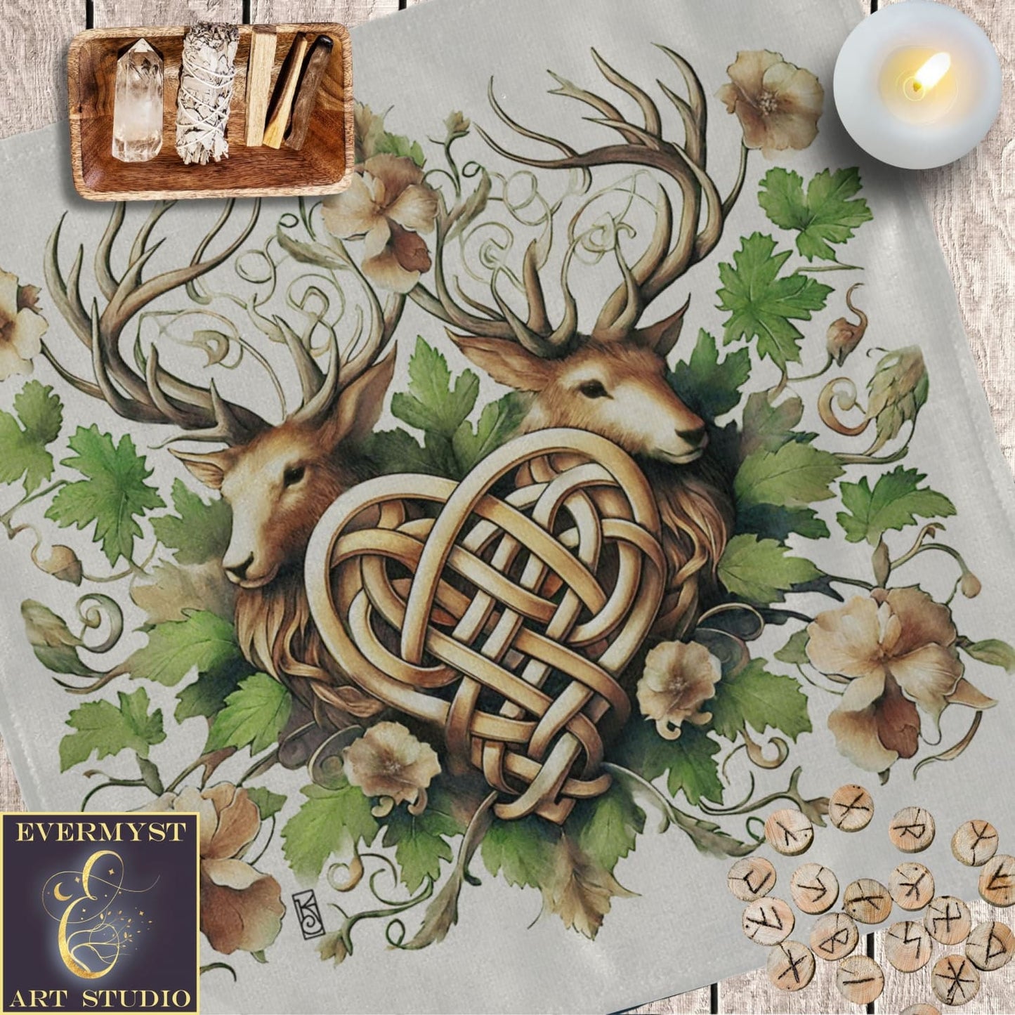 a picture of a table with a deer and a heart on it