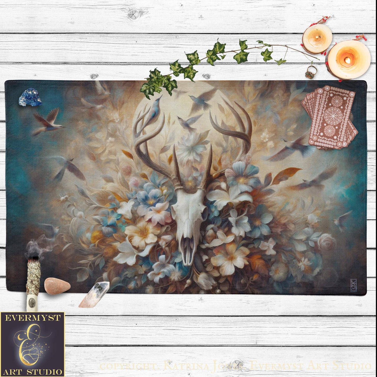 a painting of a deer skull with flowers on it