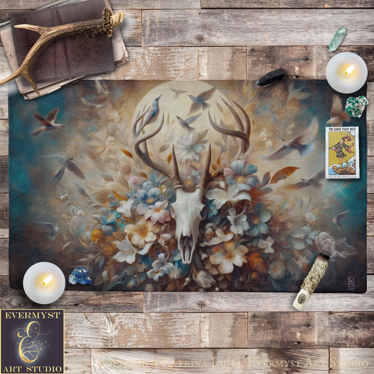 a painting of a deer skull with flowers and birds