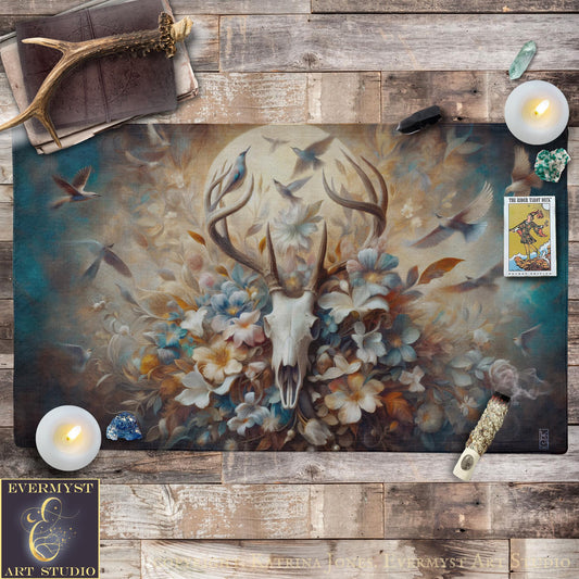 a painting of a deer skull with flowers and birds