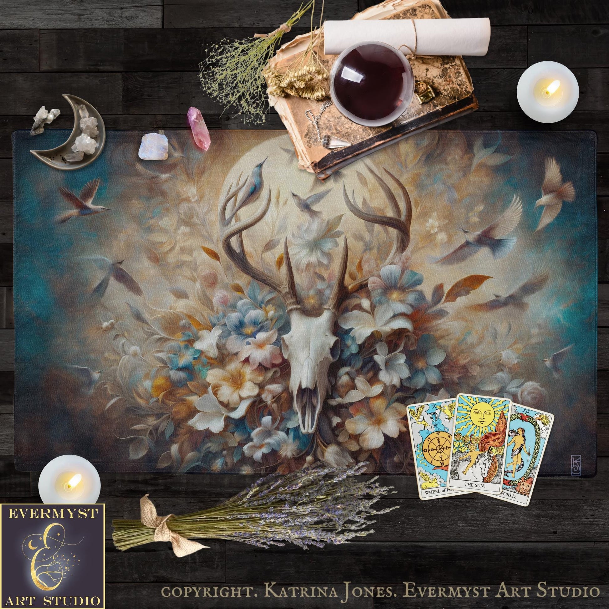 a painting of a deer skull surrounded by other items
